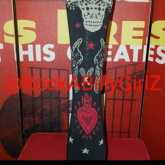 Too Fast Banjo & Cake Day of Dead Fiesta Tattoo Art 19" Knee Socks w 2 Red Bows - Picture 3 of 7